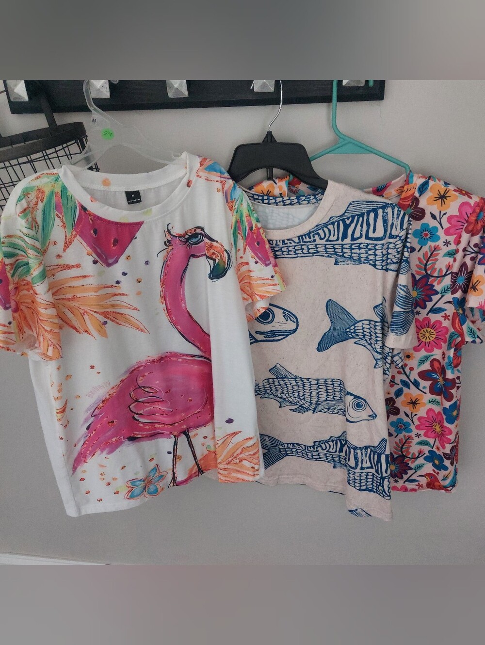 Shein White Flamingo Graphic Tees-